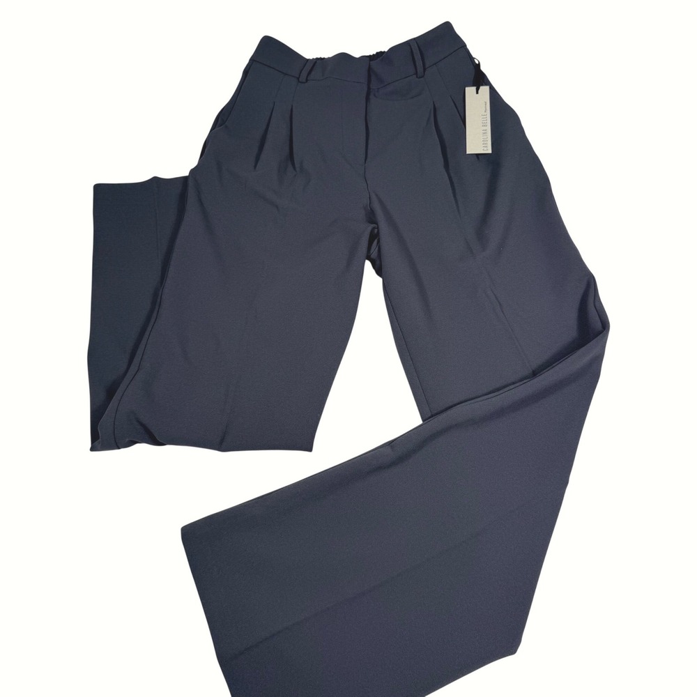 Carolina Belle Montreal Pleated Wide Leg Trousers 6 Navy Blue High Rise NWT